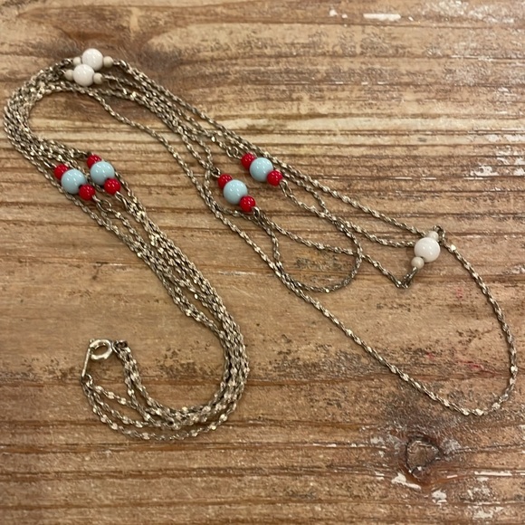 Vintage Silver Tone Red Blue White Beaded Triple Layer Strand Statement Necklace - Picture 3 of 3